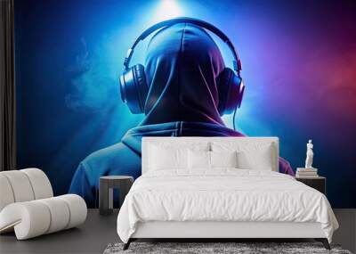 Gamer silhouette wearing a hood and headphones , gaming, gaming culture, gamer, technology, entertainment, digital Wall mural