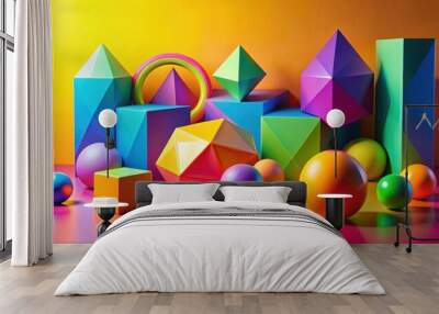 Geometric shapes in vibrant colors on a bright background, geometric, forms, colorful, abstract, background, shapes, vibrant Wall mural