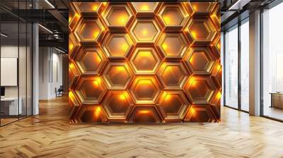 Glowing amber honeycomb hexagonal pattern with a futuristic effect, amber, honeycomb, hexagonal, pattern, wallpaper Wall mural