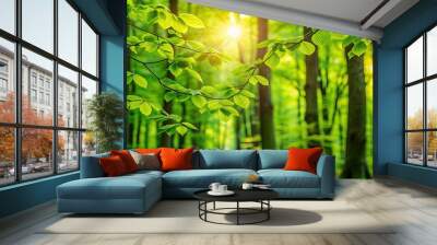 Green leaves of trees in a lush forest during springtime, nature, environment, foliage, outdoors, growth, renewal, vibrant Wall mural