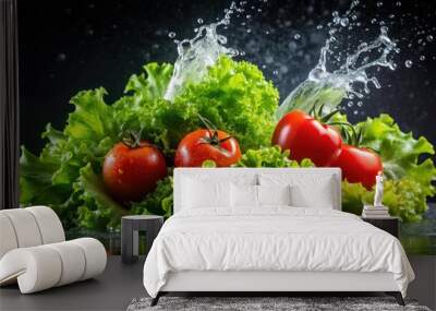 Green lettuce and red tomatoes with splashes of water on a black background, lettuce, tomatoes, water drops, black background Wall mural