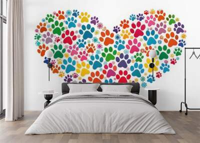 Heart-shaped design filled with colorful paw prints, symbolizing love for a beloved pet , love, heart, paws, pet, animal Wall mural