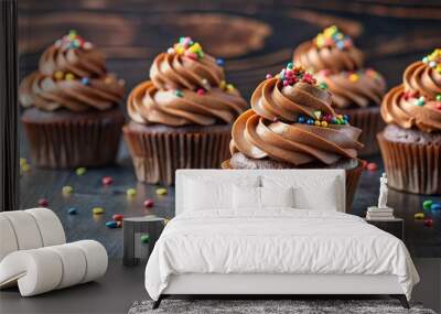 Heavenly chocolate cupcakes topped with nutella cream frosting and sprinkles, chocolate, cupcakes, nutella cream Wall mural