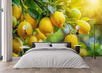 Lemons hanging ripe on a vibrant green lemon tree branch, lemon tree, citrus fruit, yellow, agriculture, fresh, harvest Wall mural