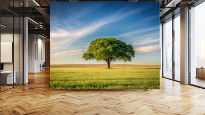 Lonely tree standing alone in a vast field, lonely, tree, isolated, nature, landscape, serene, solitude, barren, alone Wall mural