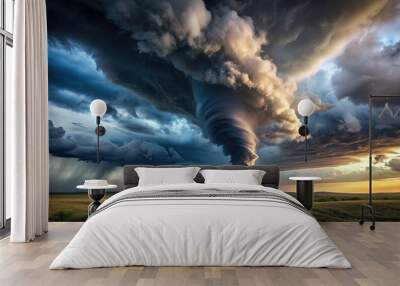 Majestic tornado swirling amidst dark stormy clouds, showcasing raw power and beauty of natural weather phenomena, tornado Wall mural