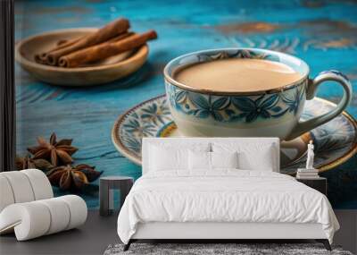 Masala tea chai latte served in a porcelain cup during an Indian teatime ceremony on a blue table background , Indian Wall mural