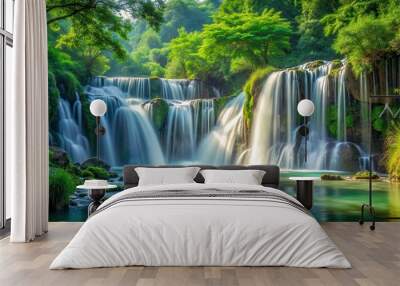 Natural classic waterfall painting with lush green foliage and cascading water, waterfall, nature, landscape, painting, art Wall mural