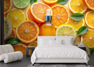 Orange serum on citrus slices background, orange, serum, skincare, beauty, citrus, slices, background, natural Wall mural