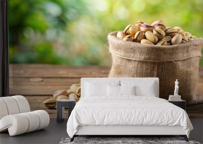 Pistachios in a jute bag on a wooden table with a blurred garden background , nuts, healthy, snack, organic, food, pistachio Wall mural