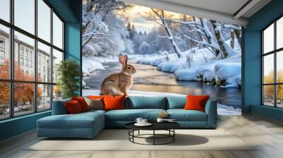 Rabbit in snow surrounded by trees and river, rabbit, snow, forest, trees, river, wildlife, cold, winter, fluffy, animal, nature Wall mural