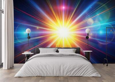 Realistic lens flare with bright sun backlight and colorful light leaks, bright, lens flare, sunlight, realistic Wall mural