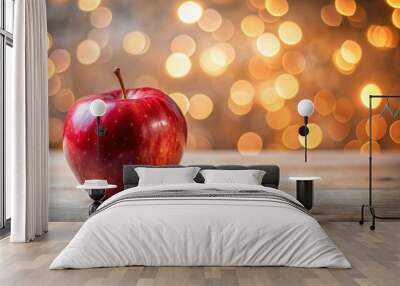 Red apple on table with soft bokeh light in background, apple, red, fruit, table, food, healthy, fresh, produce, organic, natural Wall mural