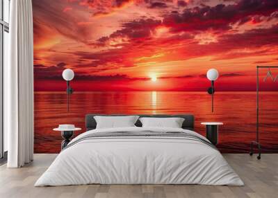 Red sunset over the ocean with a red sky and the sun setting, red, sunset, ocean, sky, sun, evening, dusk, horizon, scenic Wall mural