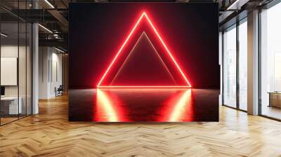 rendering of a red glowing neon light triangle on a black background with a floor reflection, neon, glowing, red Wall mural