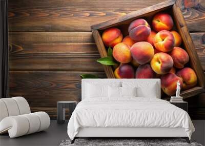 Ripe and juicy peaches in a box , peaches, fruit, ripe, juicy, fresh, healthy, organic, sweet, delicious, summer, harvest Wall mural