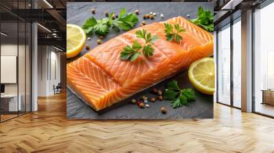 Salmon fillet garnished with fresh lemon slices and parsley, salmon, lemon, parsley, seafood, gourmet, healthy, cooking, delicious Wall mural