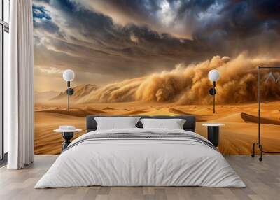 Sand storm engulfing a desert landscape, Sand, storm, desert, weather, natural disaster, sand dunes, arid, wind, dramatic Wall mural