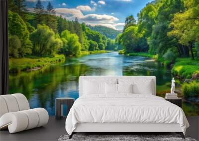 Scenic view of a flowing river surrounded by lush green trees, nature, landscape, water, forest, foliage, environment Wall mural