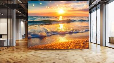 Serene beach scene with gentle waves at sunset creating a bokeh effect , beach, serene, waves, sunset, bokeh, water, shore Wall mural