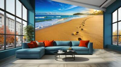 Shallow footprints on pristine paradise beach, beach, sand, footprints, tropical, serene, tranquil, vacation, paradise Wall mural