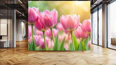 Soft natural pink tulips in a garden setting, tulips, flowers, pink, nature, garden, bloom, petals, fresh, spring, beauty Wall mural