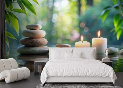 Spa candles and stacked stones by tranquil water for relaxation, spa, candles, stones, water, relaxation, serene Wall mural