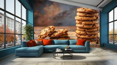 Stack of chocolate chip cookies with crumbs on background, chocolate chip, cookies, crumbs, stack, isolated, sweet Wall mural