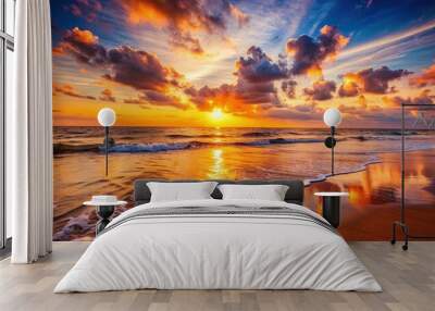 Sundown at the beach with the evening sky reflecting orange sunlight on waves , beach, sunset, sea, waves, orange, evening Wall mural