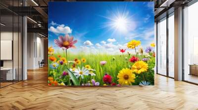 Sunny summer background with colorful flowers, green grass, and clear blue sky , summer, background, sunshine, flowers, garden Wall mural