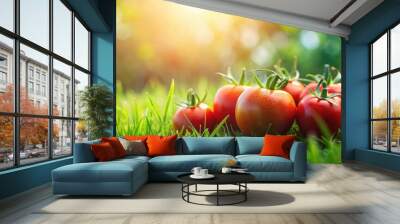 Tomatoes growing in the lush green grass, Tomatoes, grass, garden, fresh, organic, ripe, red, vegetables, nature, agriculture Wall mural