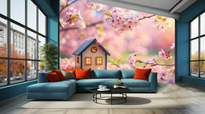 Toy house surrounded by blooming cherry flowers, creating a beautiful spring abstract natural background, Toy, house Wall mural