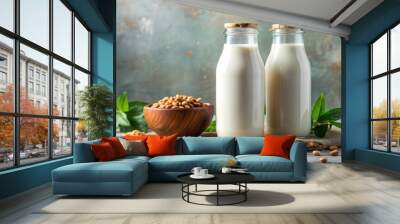 Two bottles of milk filled with nutrients and valuable goodness , dairy, calcium, nutrition, healthy, drink Wall mural