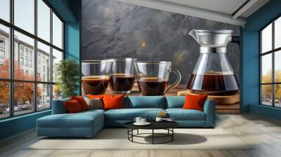 Two coffee cups next to a glass jug of freshly brewed filter coffee, coffee, cup, glass jug, filter coffee, beverage, cafe Wall mural