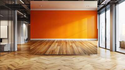 Vibrant and cozy room with a bold orange wall and worn wooden floor, vibrant, cozy, room, orange, wall, wooden, floor Wall mural