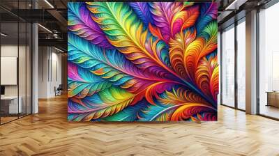 Vibrant and intricate feather-like with bright colors and abstract shapes, feathers, colorful, abstract,vibrant, design Wall mural