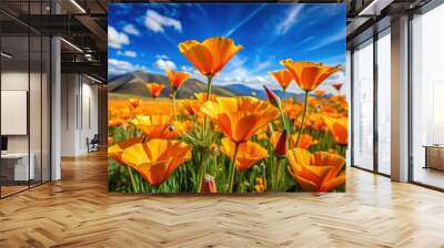 Vibrant California poppies blooming in a beautiful poppy field, wildflowers, orange, sunny, springtime, floral, landscape Wall mural