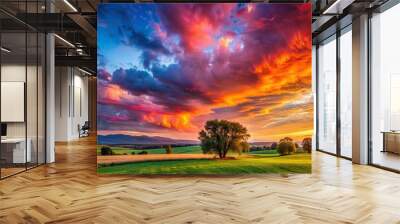 Vibrant landscape with dramatic sky , nature, clouds, sunlight, horizon, outdoors, environment, picturesque Wall mural