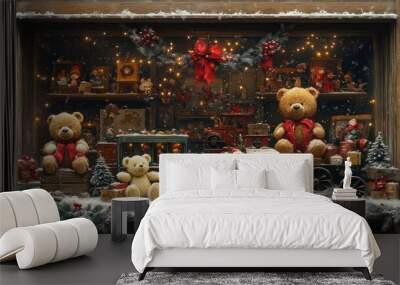 Christmas toys are displayed in a shop window, creating a festive atmosphere Wall mural