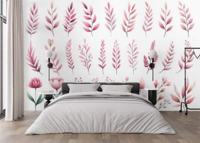 Watercolor illustration material set of pink botanical motifs Wall mural