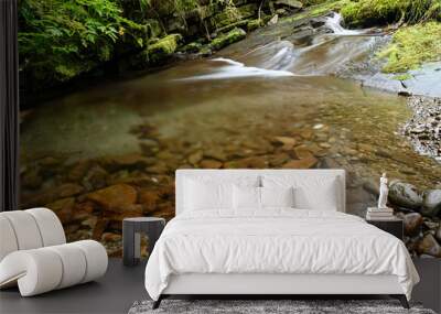 Water of river flowing among stones in nature in detail. Wall mural