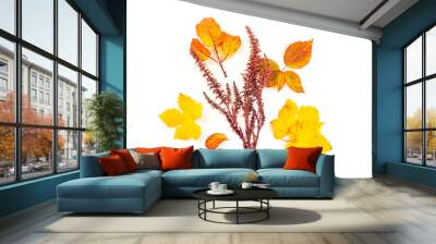 A bouquet of vibrant orange and yellow autumn leaves, shot from the top on a white background with a place for text Wall mural