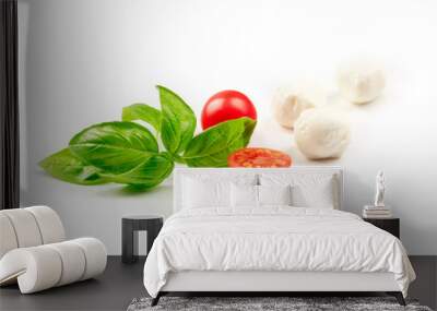 A closeup of Mozzarella cheese balls with fresh basil leaves and cherry tomatoes, the ingredients of the Italian Caprese salad, on a white background with copy space Wall mural