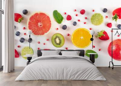 Fresh summer fruit panorama, a flat lay on a white background, vibrant food pattern, shot from the top Wall mural