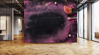 Makeup background with brushes, pearls, and crushed cosmetics, overhead flat lay shot on a dark background Wall mural