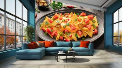 Mexican nachos with a cheese sauce, chili and jalapeno peppers, tomatoes, and cilantro on a black background Wall mural