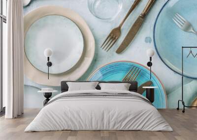 Modern dinnerware panorama with cutlery and various dishes, overhead flat lay shot, panoramic banner Wall mural