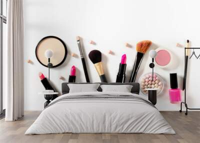 Professional makeup on a white background. Brushes, lipstick and other products, a flat lay with copy space Wall mural