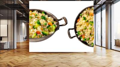 Rice set. Rice, cooked, in a pan with fried vegetables, isolated on a white background, top shot and an angle view Wall mural