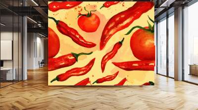 Seamless watercolor red chili peppers background pattern Wall mural